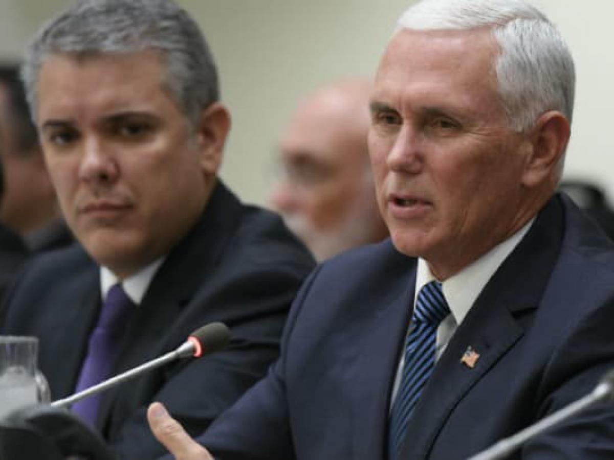 Michael Pence, vice president of the United States, addresses a meeting on regional migration organized by the Permanent Mission of Colombia to the United Nations